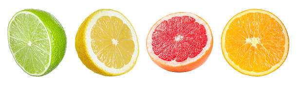 istock Citrus fruits. Cut fresh lemon, grapefruit, lime and orange isolated on white, set 2242903966