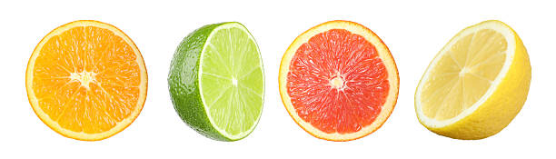 istock Citrus fruits. Cut fresh lemon, grapefruit, lime and orange isolated on white, set 2242903968