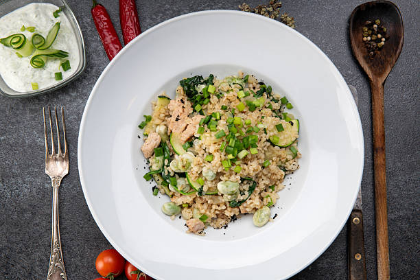 istock Risotto with Broccoli and Chicken on White Plate 2242904067