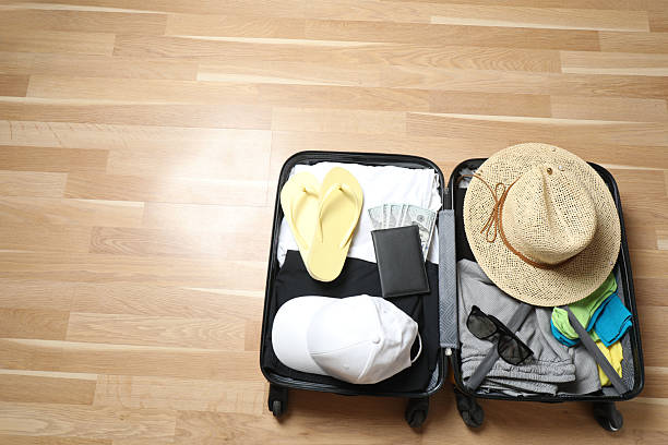 istock suitcase with things, travel background with space for text 2242913888