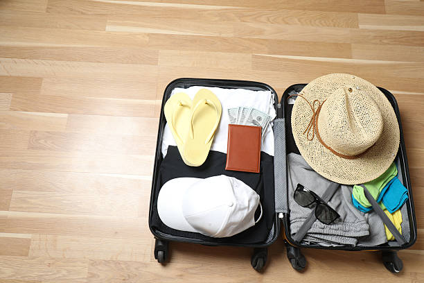 istock suitcase with things, travel background with space for text 2242913948