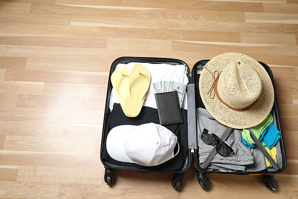 istock suitcase with things, travel background with space for text 2242913953