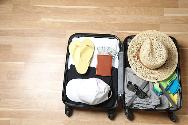 istock suitcase with things, travel background with space for text 2242913978