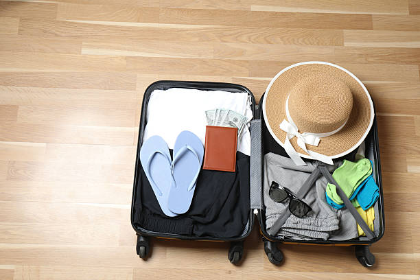 istock suitcase with things, travel background with space for text 2242914774