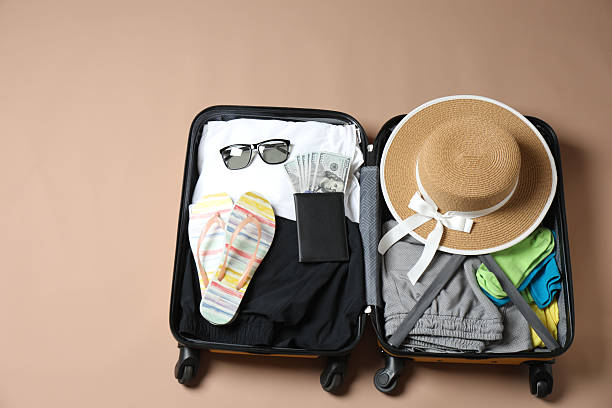 istock suitcase with things, travel background with space for text 2242915796