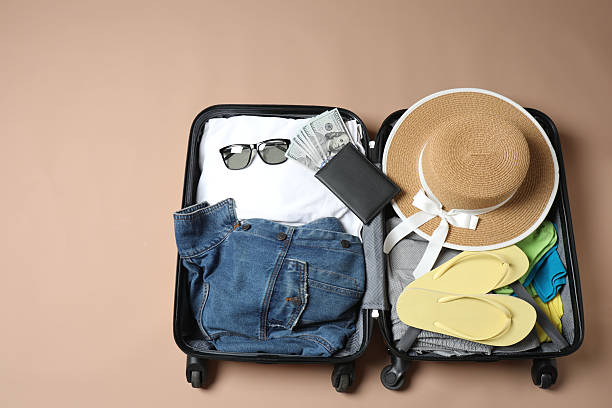 istock suitcase with things, travel background with space for text 2242915853