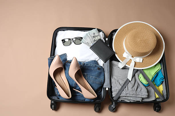 istock suitcase with things, travel background with space for text 2242915854