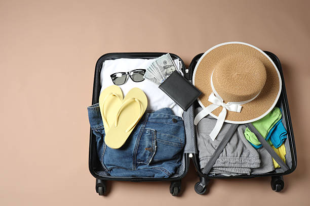 istock suitcase with things, travel background with space for text 2242915857