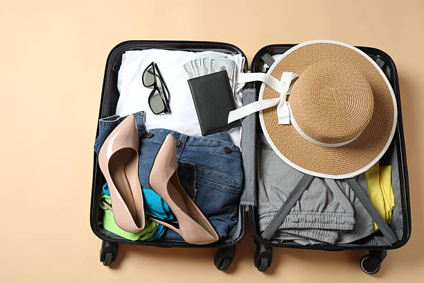 istock suitcase with things, travel background with space for text 2242915942