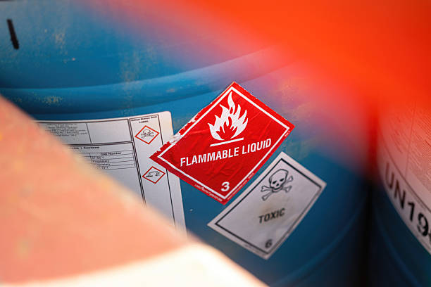Flammable liquid warning sign on the chemical containment gallon. Industrial safety sign on the object, close-up with selective focus.