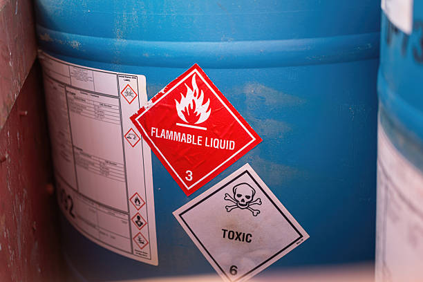 istock Flammable liquid warning sign on the chemical containment gallon. 2242929963