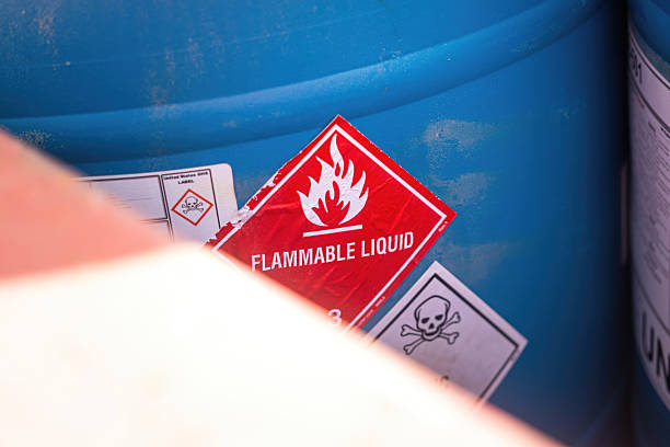 istock Flammable liquid warning sign on the chemical containment gallon. 2242929973