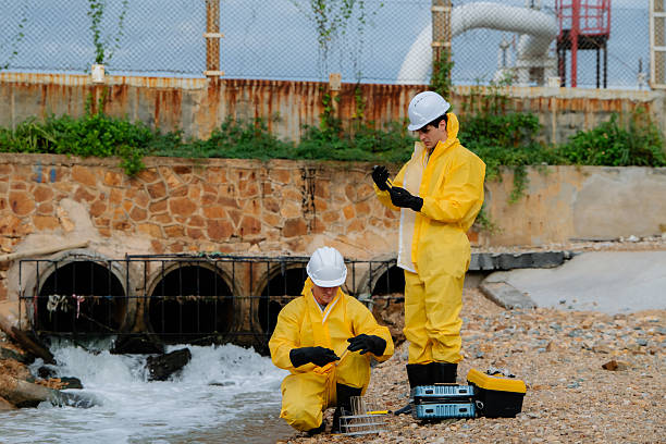 istock Team of environmental scientists in hazmat suits collecting water samples for pollution analysis and quality testing at an industrial wastewater discharge site. 2242930934