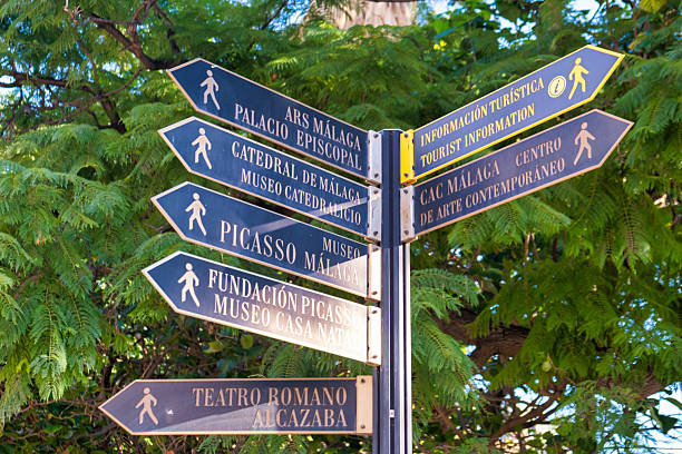 istock Multi-directional signpost in Malaga, Spain pointing to attractions including Malaga Cathedral, Picasso Museum, Roman Theatre and more, amidst greenery 2242942646