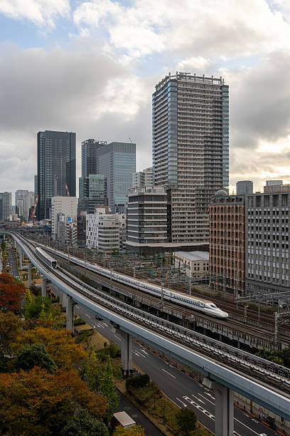 Tokyo, Japan - November 21, 2024 : N700S Series Shinkansen bullet train travels along an elevated railway track in Tokyo, Japan.