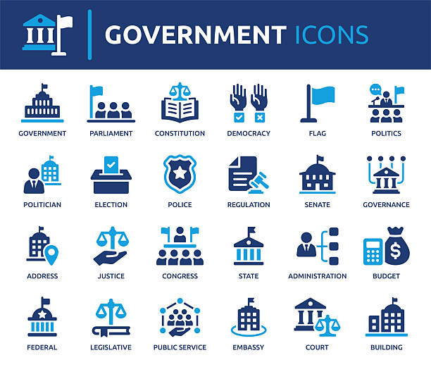 Government and public administration icon set Containing parliament, elections, justice, constitution, regulation, police, budget and public service. Solid vector icons collection. government stock illustrations