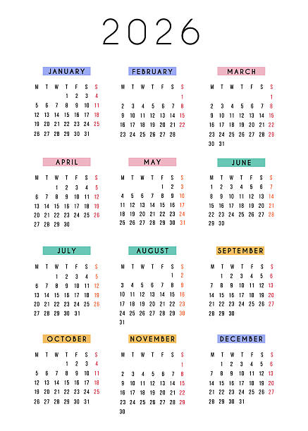 istock 2026 calendar with sleek modern design and colorful month headers in English language. Printable yearly planner for home, work, school, personal organization. Clean minimal full year template vector. 2242948478