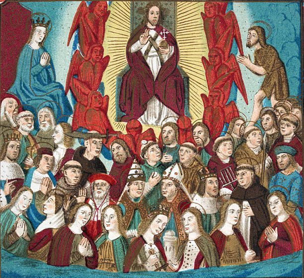 Medieval religious history, Jesus Christ on his throne in heaven, with Virgin Mary, and Saints, Pope, Bishops, Cardinals, after a 15th Century illustration