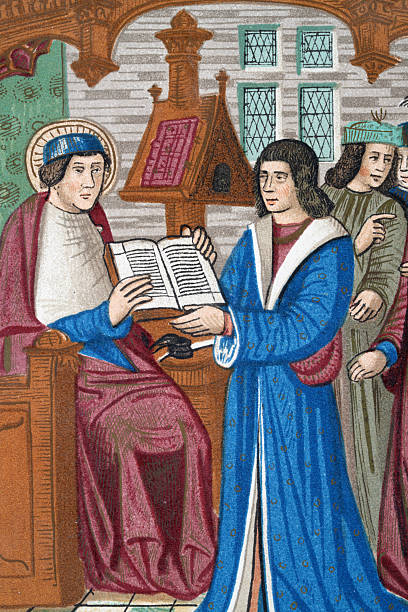 Medieval history, Saint presenting copy of a bible to a man, after a 15th Century illustration