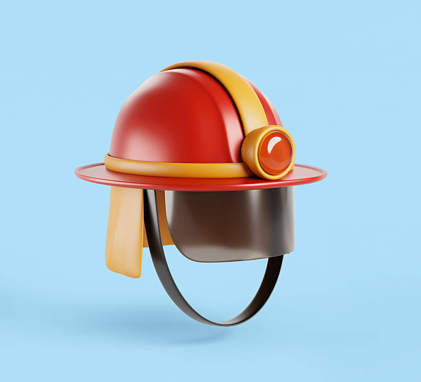 3d fire helmet with face shield, lantern and flame retardant cape. Cartoon render icon of red fireman hat, head gear safety protection. Firefighter uniform, thermal impact cap mockup. 3D illustration
