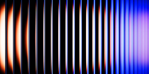 istock Ribbed fractal neon glass texture effect on black 3d background. Holographic vertical stripe wall with red blue purple gradient. Corrugated translucent surface with light reflection 2242952015