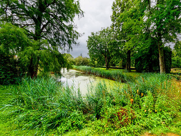 Lush greenery surrounds a tranquil waterway near Schackenborg Castle in Mogeltonder, Denmark on a cloudy day.