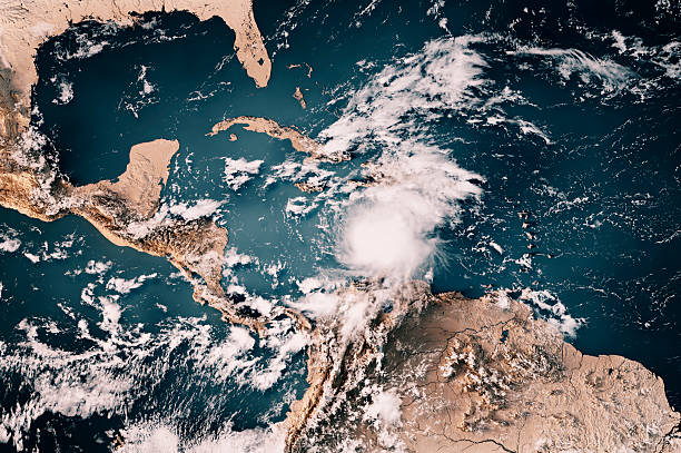 3D Render of a Topographic Map of the Caribbean Sea with the clouds from October 22, 2025. Tropical Storm Melissa moving towards Jamaica and Cuba.All source data is in the public domain.Cloud texture: Global Imagery Browse Services (GIBS) courtesy of NASA, GOES data courtesy of NOAA.https://www.earthdata.nasa.gov/eosdis/science-system-description/eosdis-components/gibsColor texture: Made with Natural Earth.http://www.naturalearthdata.com/downloads/10m-raster-data/10m-cross-blend-hypso/Relief texture: GMTED 2010 data courtesy of USGS. URL of source image:https://topotools.cr.usgs.gov/gmted_viewer/viewer.htmWater texture: SRTM Water Body SWDB: https://dds.cr.usgs.gov/srtm/version2_1/SWBD/