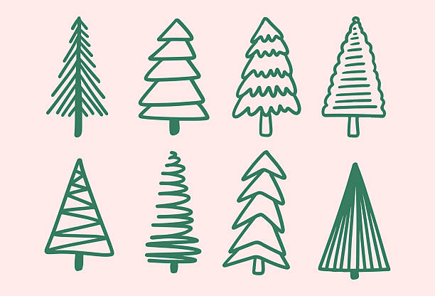 Set of Hand Drawn Doodle Christmas Tree Icons. ​Various Minimalist Sketchy Fir Trees Collection. ​Simple Green Outline Evergreen Tree Vector Set. Winter and Christmas Hand Drawn Trees