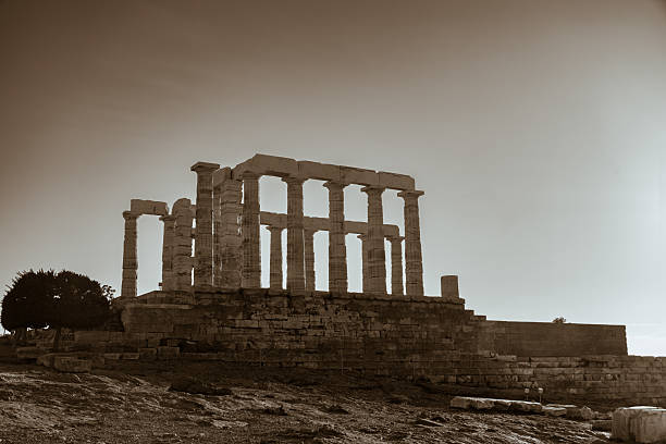 Black and white image of the Temple of Poseidon at Cape Sounion, Greece