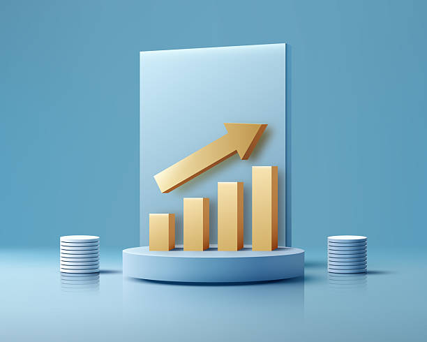 istock 3D business growth chart success concept on blue podium golden arrow financial progress visualization for corporate presentation stage mockup 2242968896
