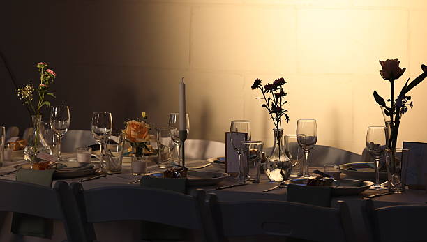 Table setting at simple, but elegant wedding, or festive birthday celebration.  Budget friendly, cost of living. save money with do it yourself. Warm temperature colored light