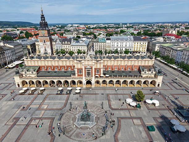 Cracow, Poland - 7 June 2025: drone view at the main square of Cracow on Poland