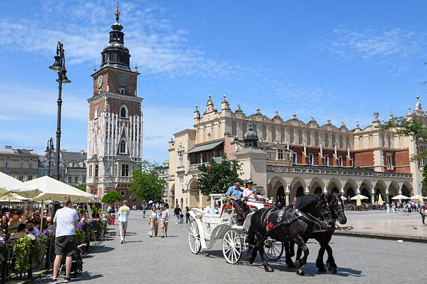 Cracow, Poland - 7 June 2025: view at the main square of Cracow on Poland