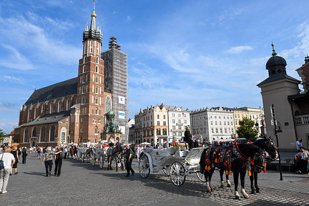 Cracow, Poland - 7 June 2025: view at the main square of Cracow on Poland