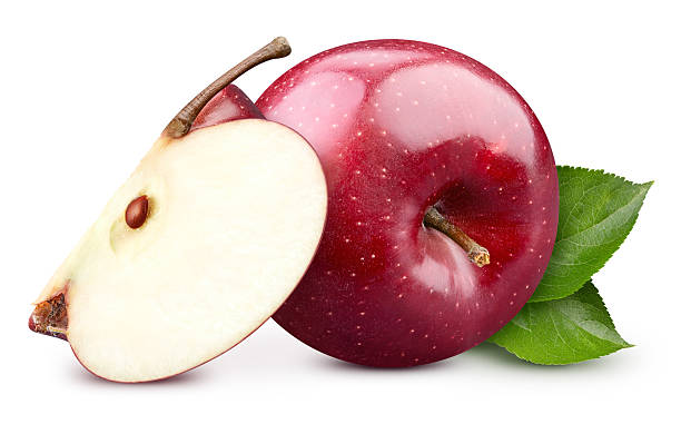 istock Red apple and green leaves isolated on white background 2242994065