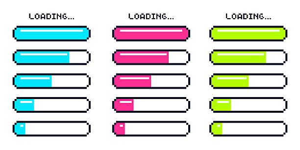 Retro Y2K Pixel Progress Bar set. 8 bit loader process status. Game interface element. Vector illustration.