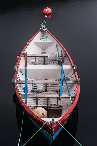 A vibrant boat anchored in the calm waters of the Faroe Islands glistens under gentle light. The surrounding landscape showcases the natural beauty of this remote area.