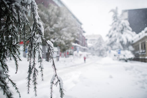 A city street during heavy snowfall