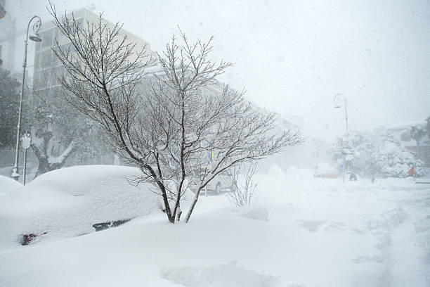 Sapporo, Japan - January 19, 2022: A woman walking across a bridge in downtown Sapporo in Hokkaido during heavy snowfall. The street is heavily covered in snow and there is almost no visibility.