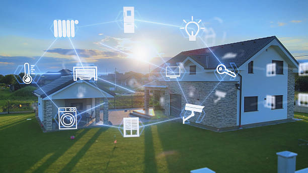 istock Smart home network with icons in front of smart, modern house 2243006231
