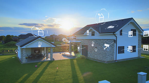 istock Smart home intelligent house at sunset with animations logo. Graphics 2243006290