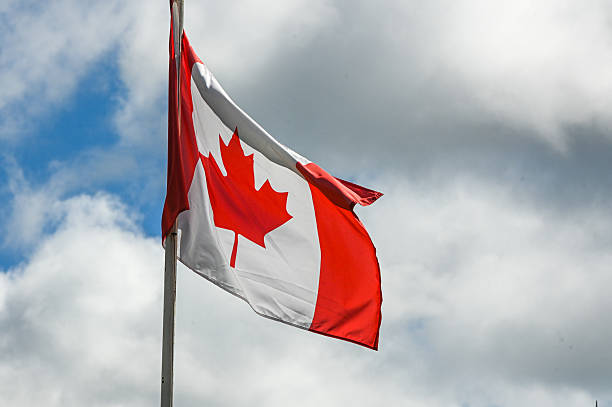 istock Waving canadian flag against sky 2243013416