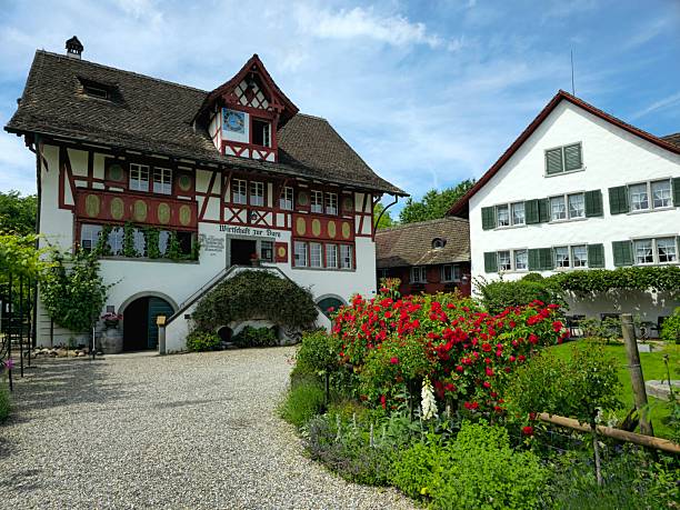 Burg is a restaurant in the municipality of Meilen in the Canton of Zurich. Located in a historic building, captured during summer season.