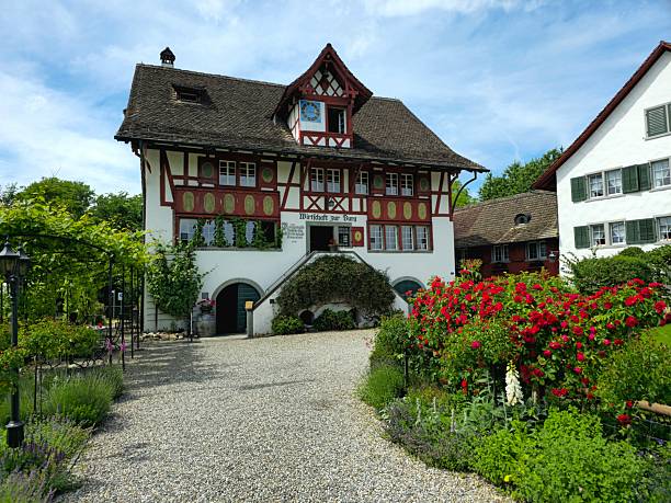 Burg is a restaurant in the municipality of Meilen in the Canton of Zurich. Located in a historic building, captured during summer season.