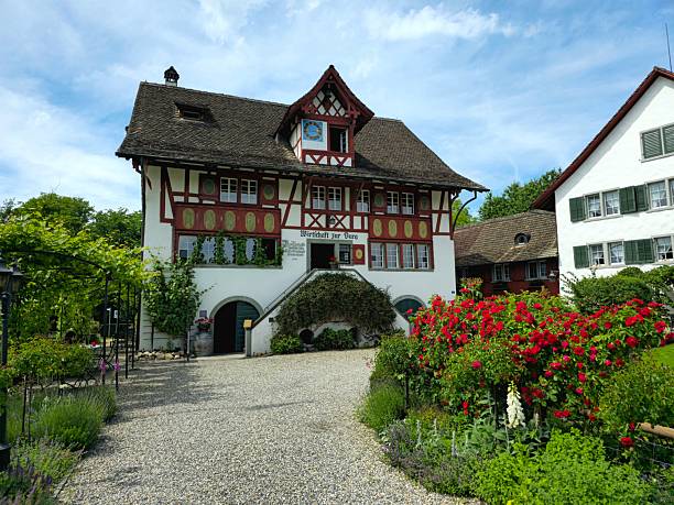 Burg is a restaurant in the municipality of Meilen in the Canton of Zurich. Located in a historic building, captured during summer season.