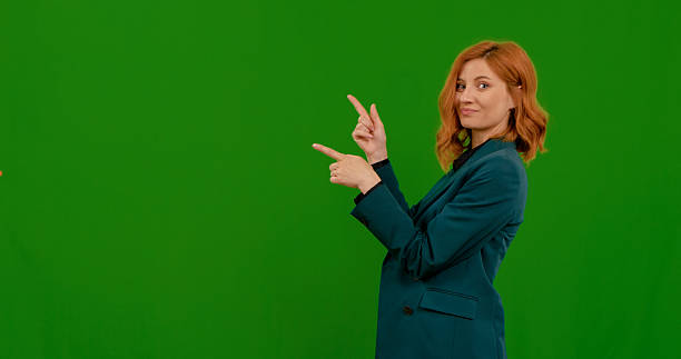 Woman demonstrates various gestures against a green background