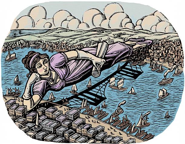 reclining woman in victorian dress forms bridge over river