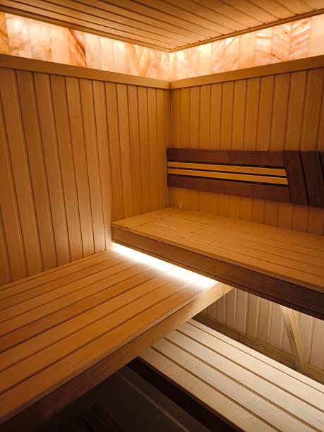istock Interior of a modern sauna with wooden benches and hidden lighting 2243016854
