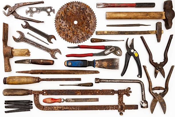 istock Flat lay of old hand tools on white background. 2243022683