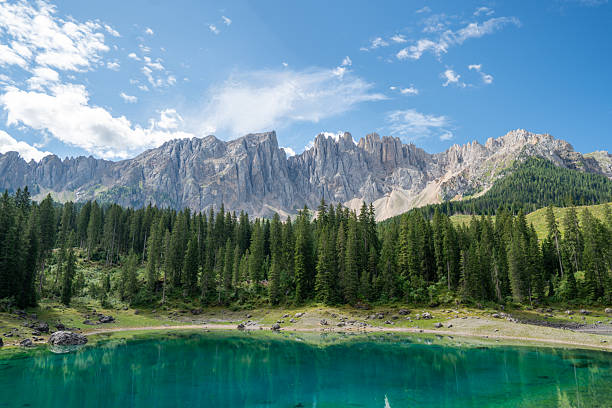 istock Lago di Carezza (Karersee) emerald lake with Latemar mountains, Dolomites, Italy 2243023246